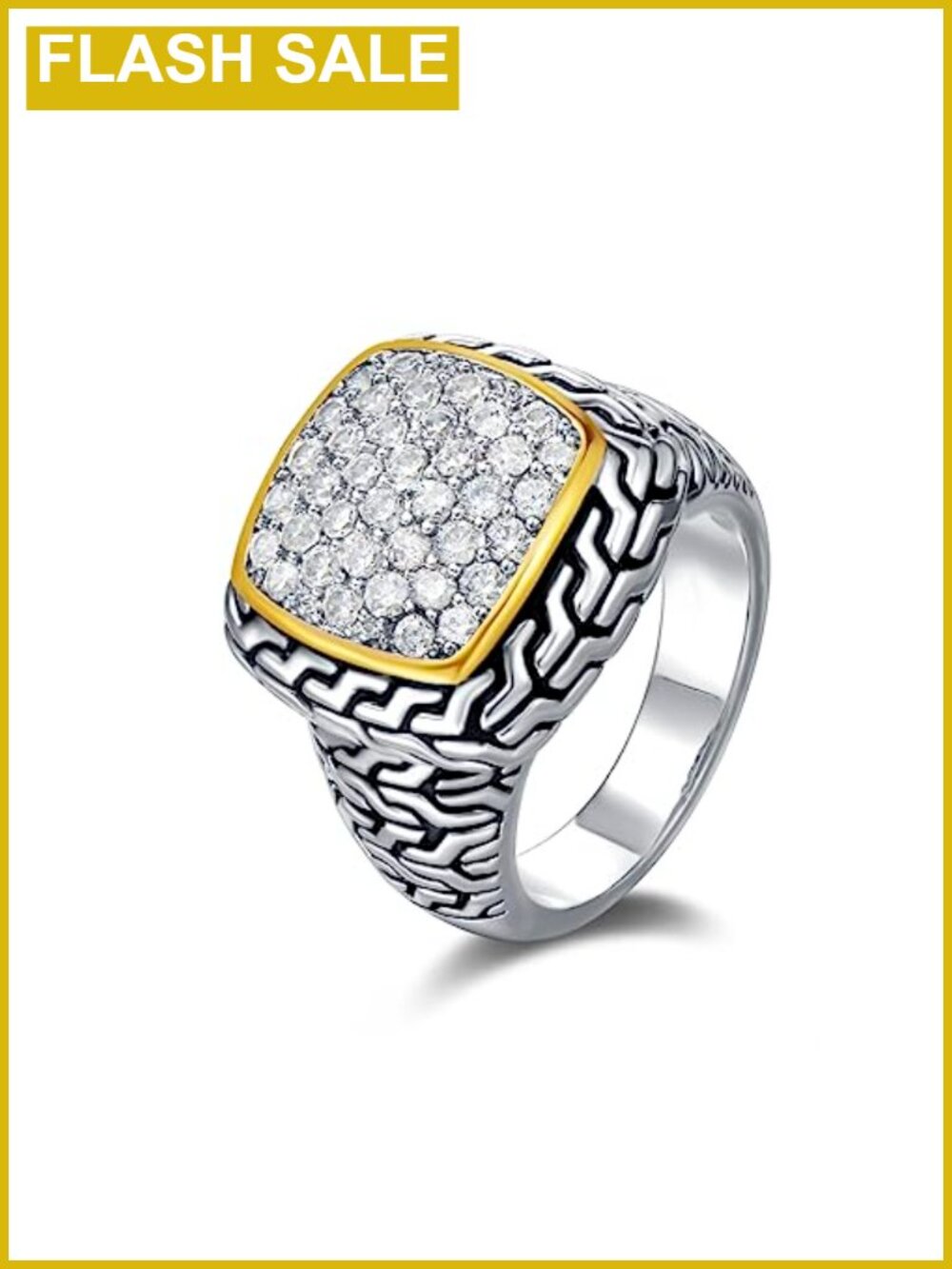 UNY JEWEL Foxtail Pave CZ Two Tone Statement Ring Silver and Gold Plated